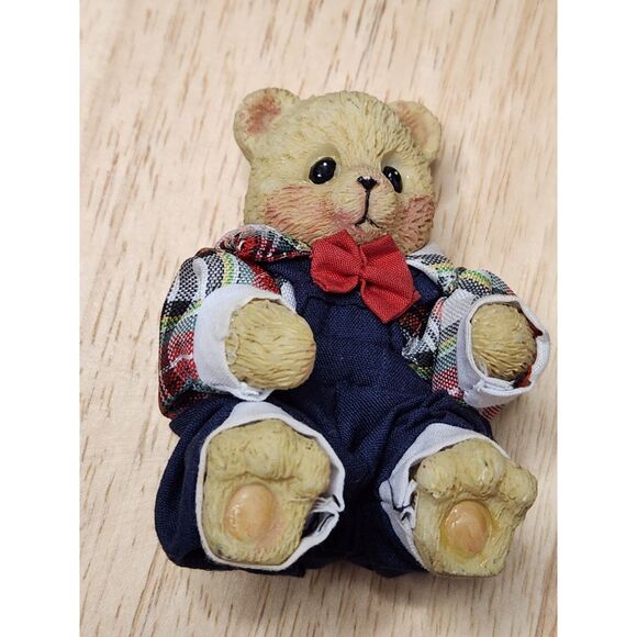 Bear Figurine plaid top small bow sit position - Picture 7 of 8